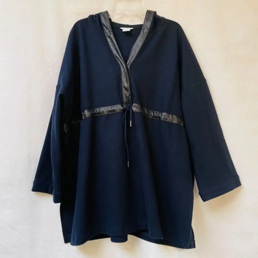 Club Monaco Hooded Sweater Womens Small Blue Wool Leather Trim Winter Pullover